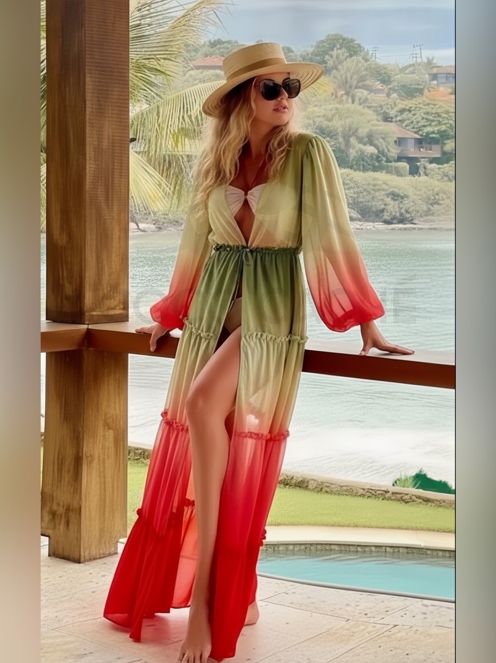 Bohemian Beach Kimono Ombre Print Long Sleeves Swimsuit Coverup Tunic - Picture 2 of 9